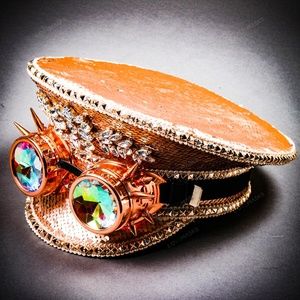 Rose Gold Burning Man Steampunk Captain w/ Goggles Halloween Costume Headgear